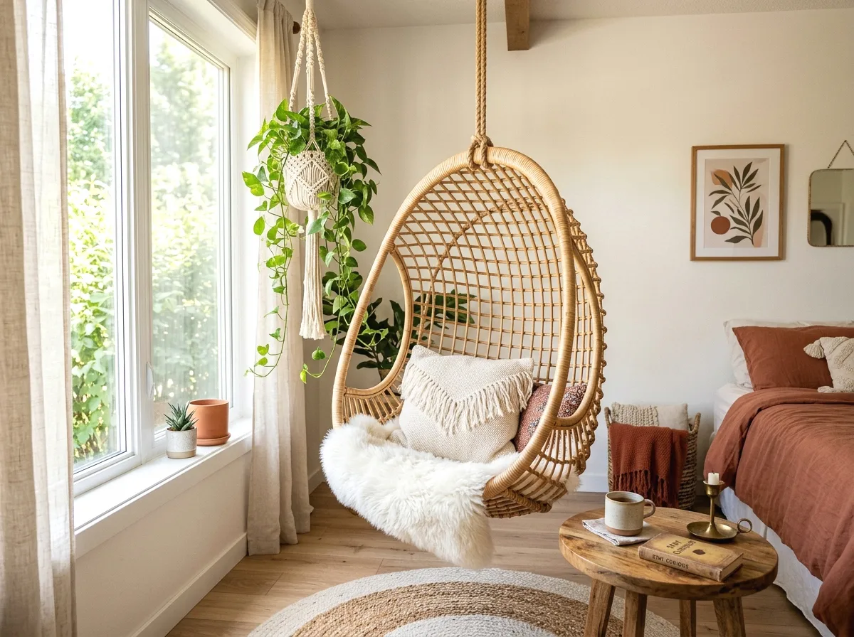 boho bedroom with a hanging egg chair