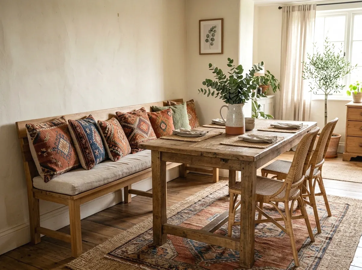 boho bench seating with kilim cushions