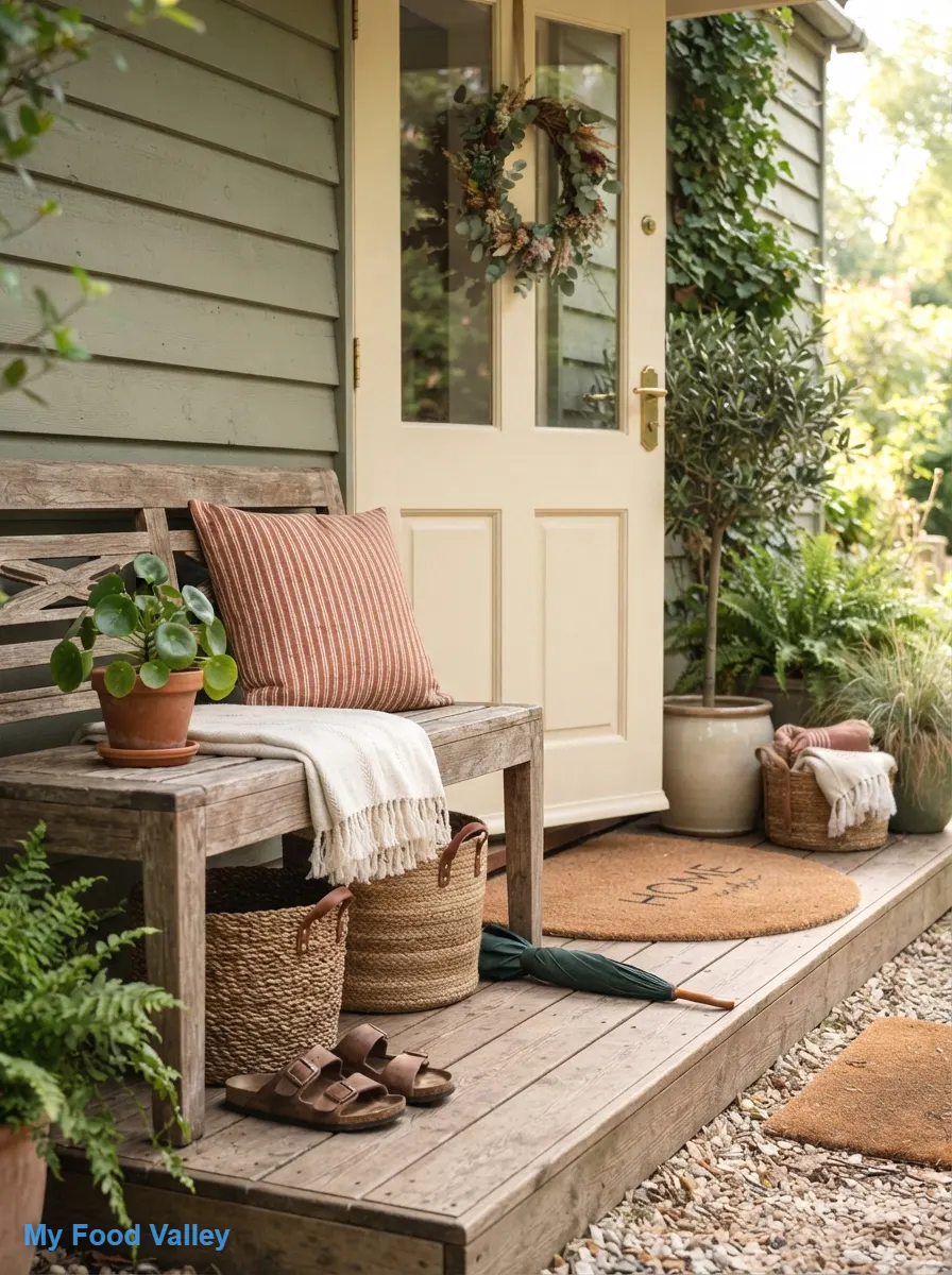 boho bench with woven storage baskets