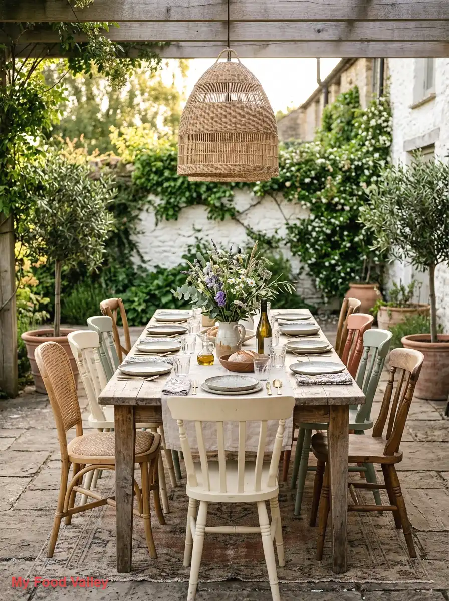 boho dining table with mismatched chairs