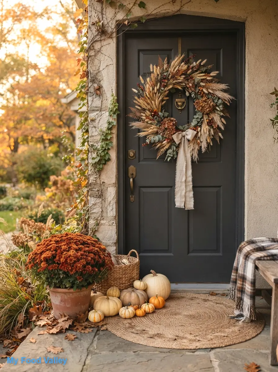 boho fall door with dried wheat and gourds