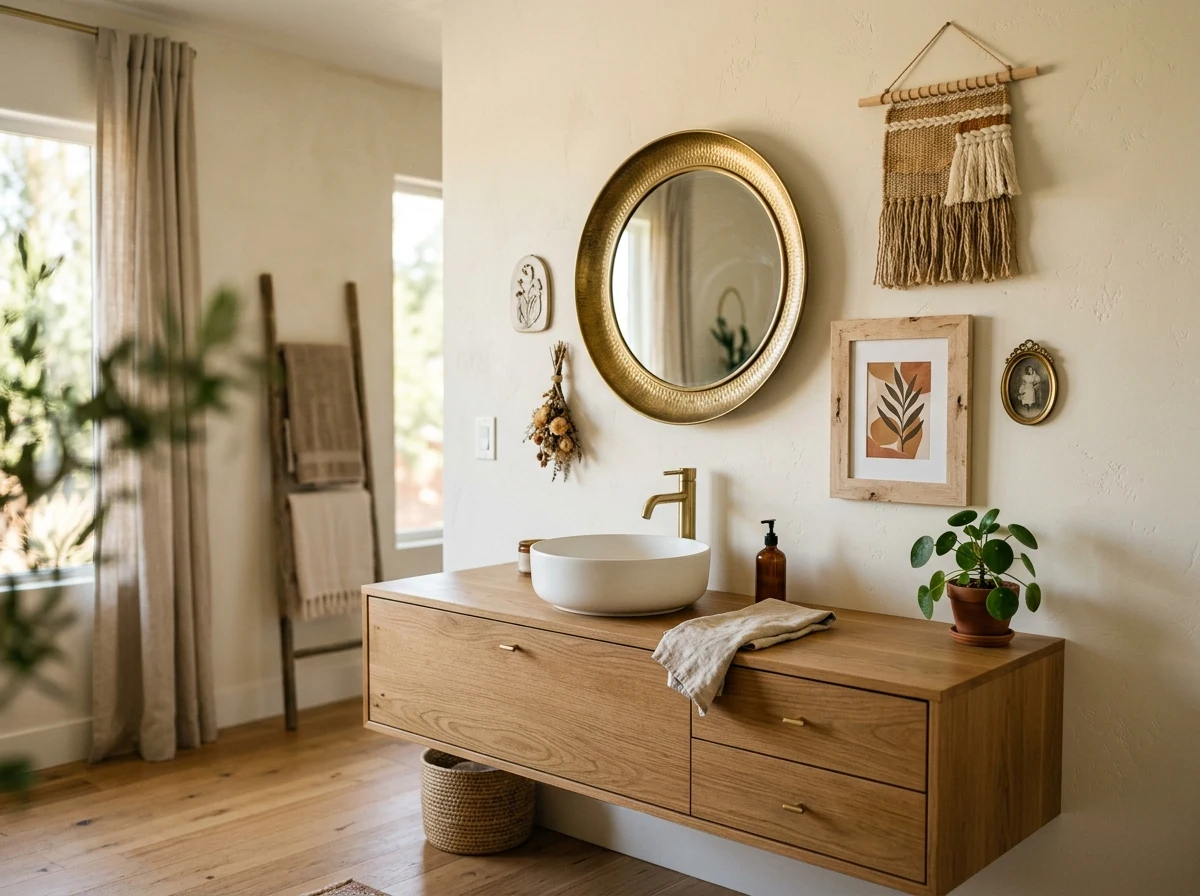 boho gallery wall above a floating vanity