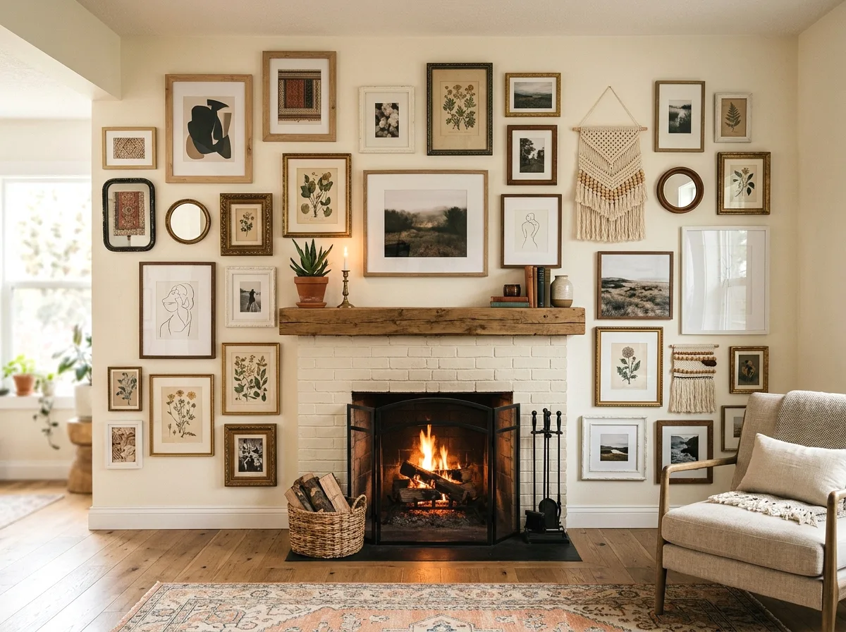 boho gallery wall surrounding the fireplace