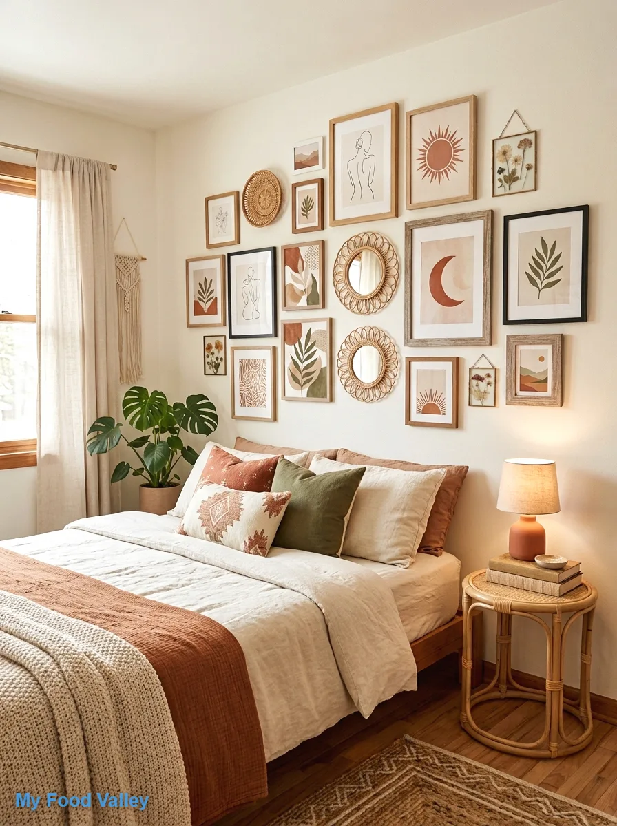 boho gallery wall with warm prints
