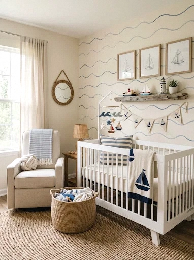 boho nautical nursery with rope and waves