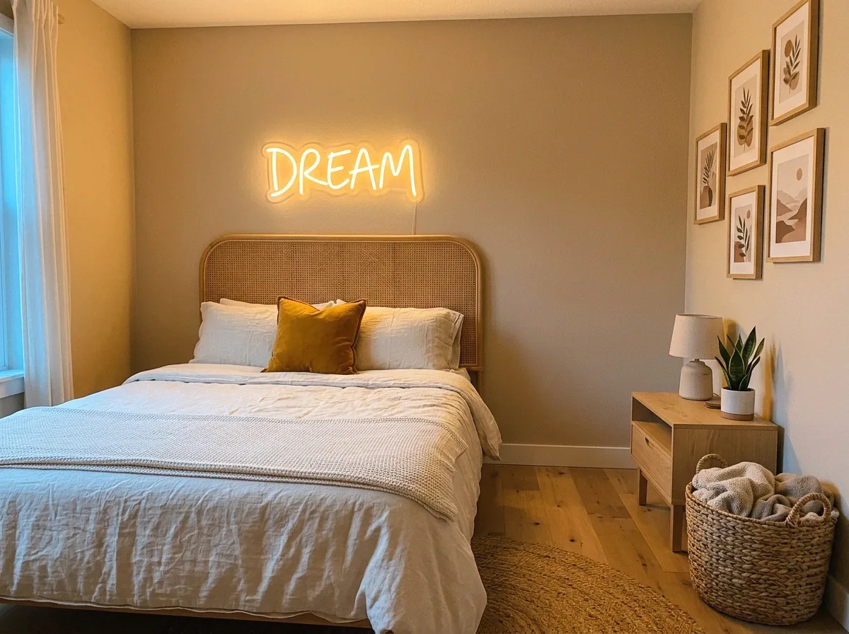 boho neon script sign headboard