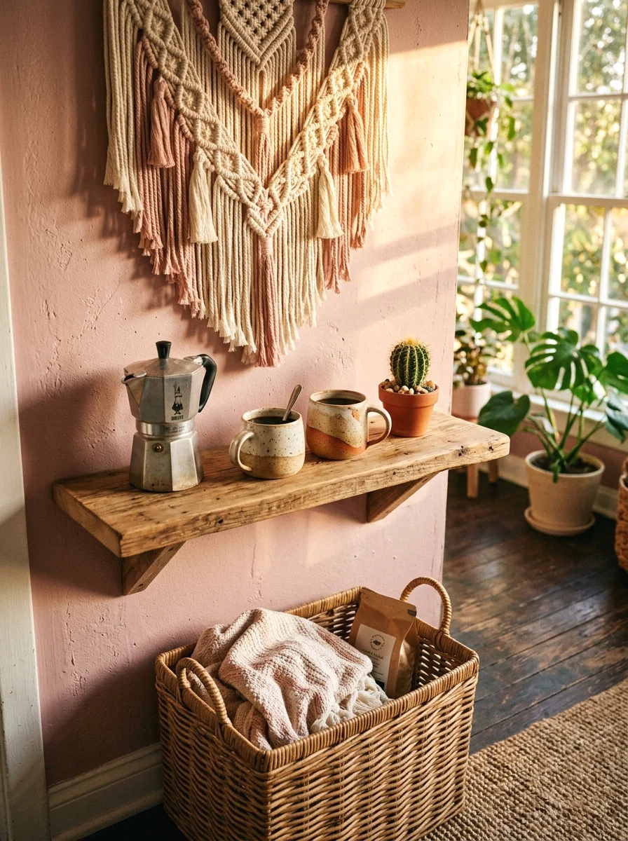 boho pink macrame coffee corner