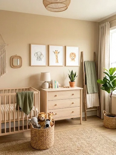 boho safari nursery with soft animal art
