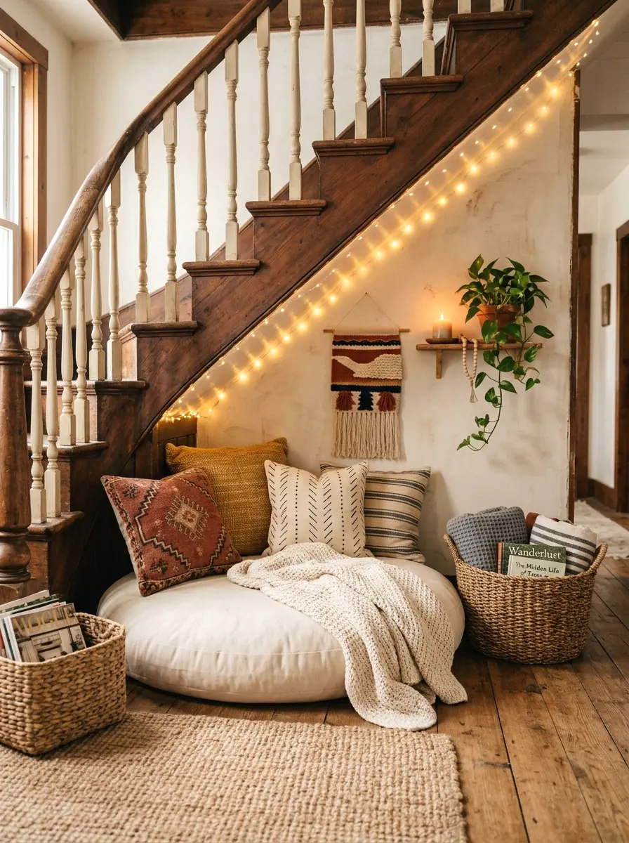 boho seating nook under the stairs