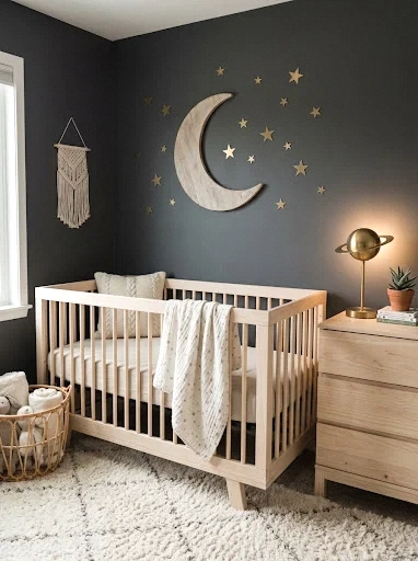 boho space nursery with moon and stars