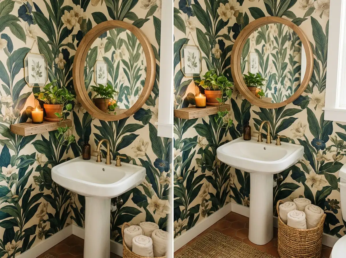 bold wallpaper in a boho powder room