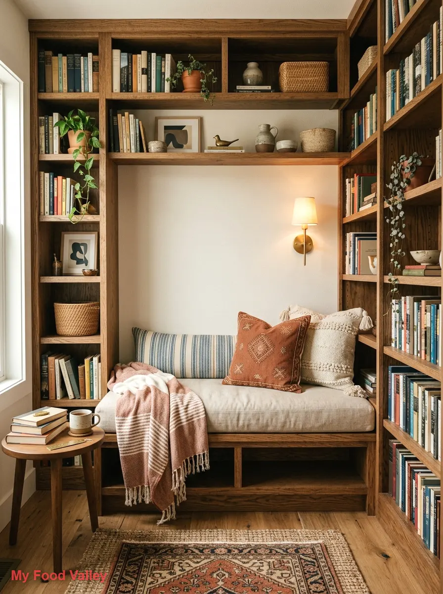 bookshelf alcove with built-in seating