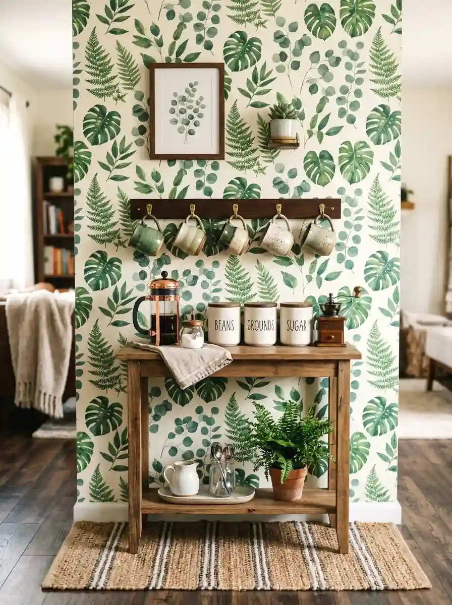 botanical green wallpaper coffee nook
