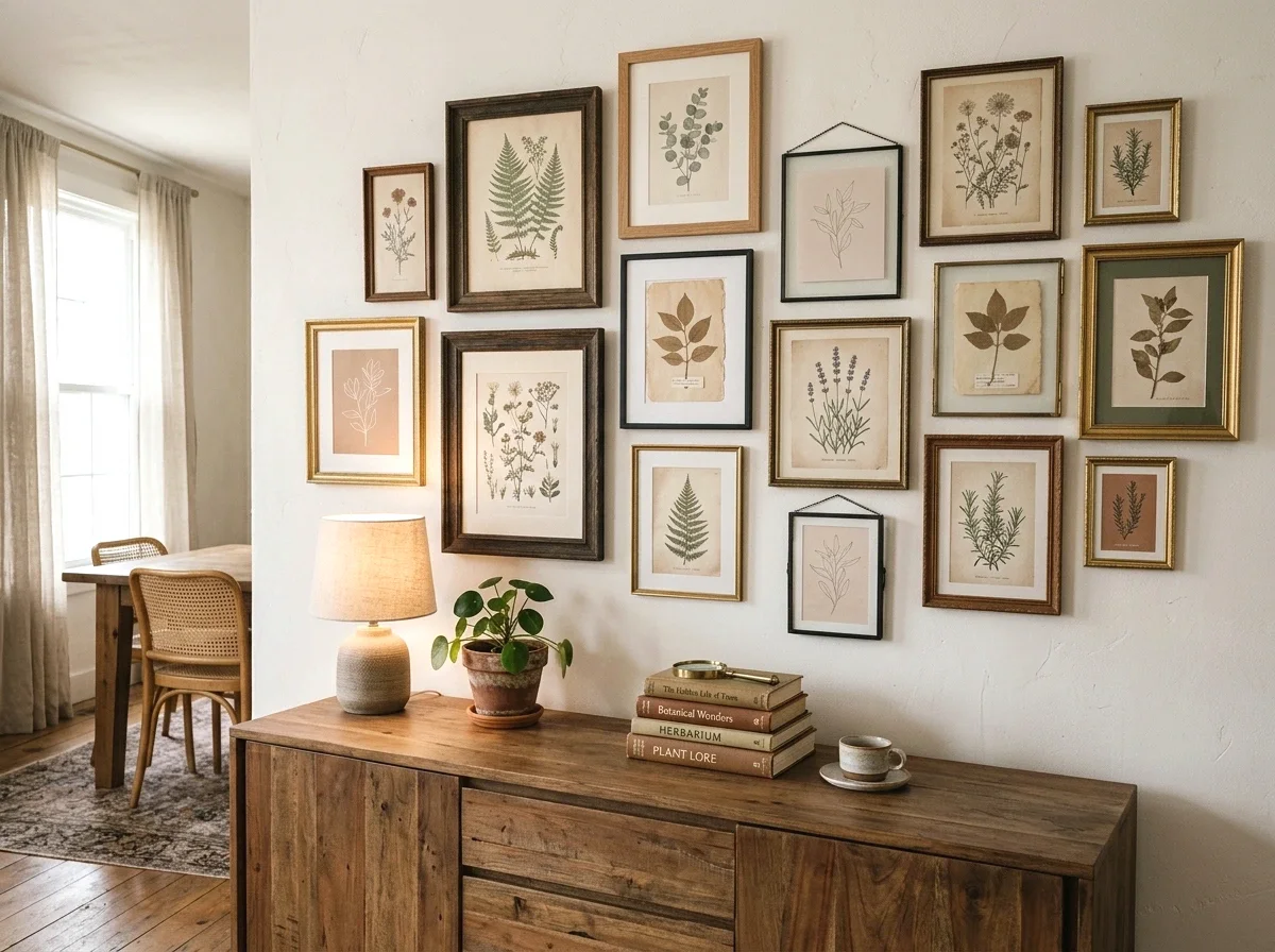 botanical prints in mismatched frames