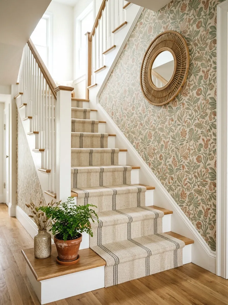 botanical wallpaper in the stairwell