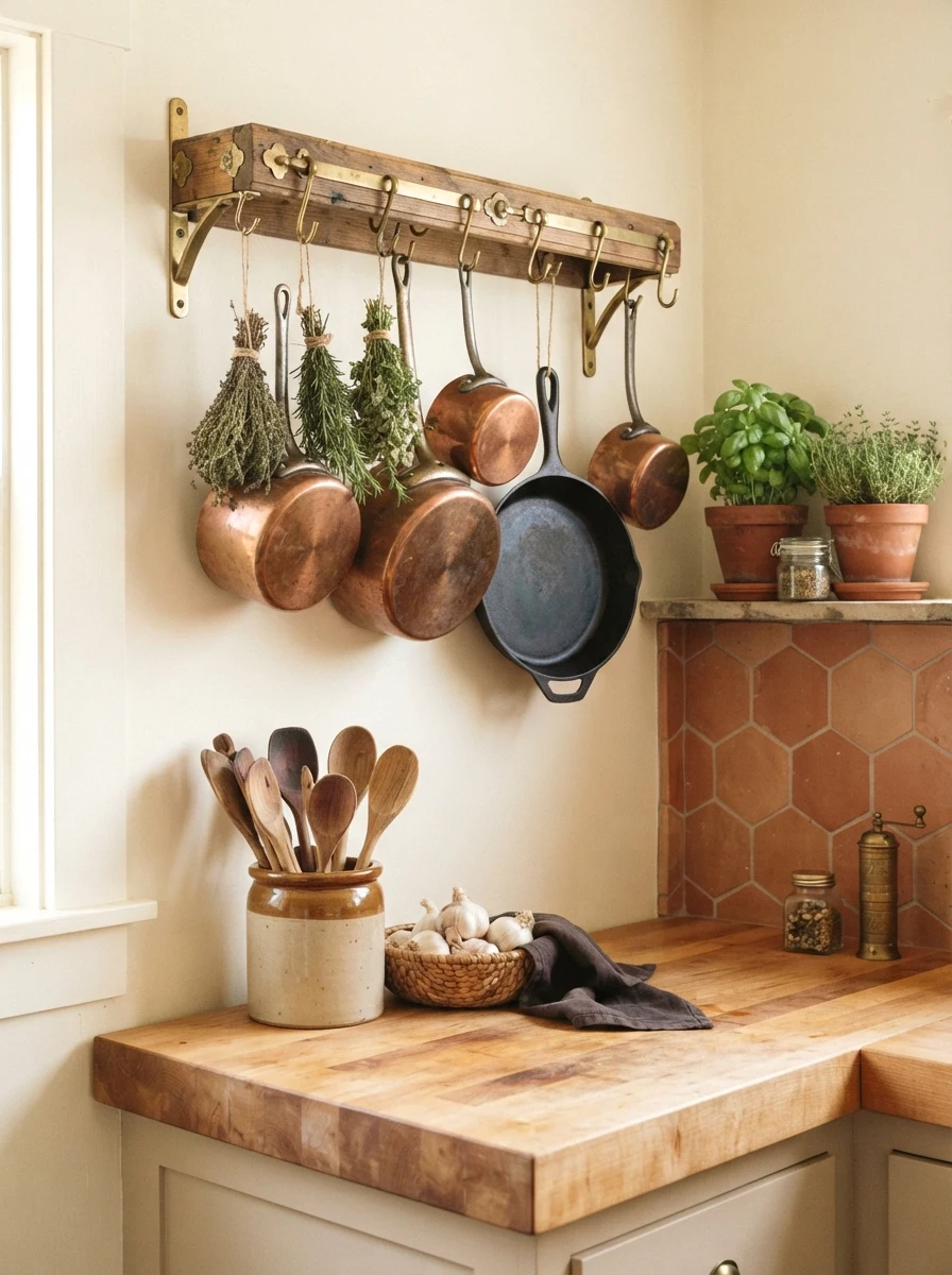 brass and copper hanging pot rack