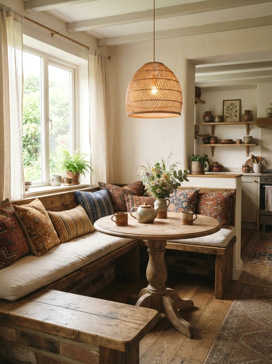 breakfast nook banquette with patterned pillows