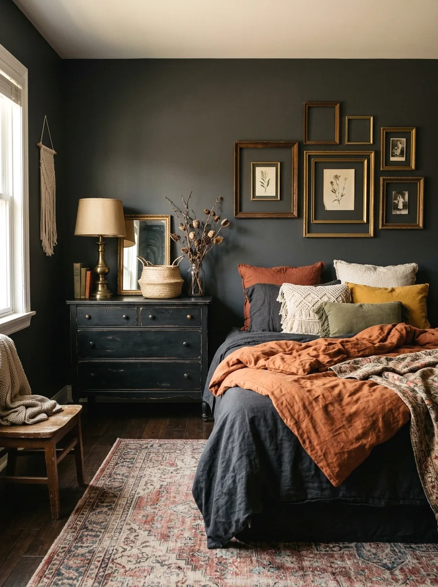 budget dark boho bedroom with thrifted finds and paint