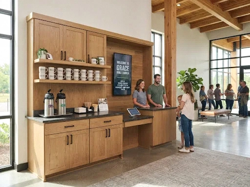 built-in cabinetry welcome center coffee bar