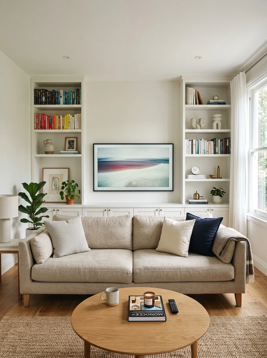 built-in shelving flanking the tv