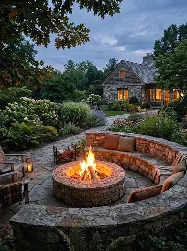 built-in stone fire pit with seating wall