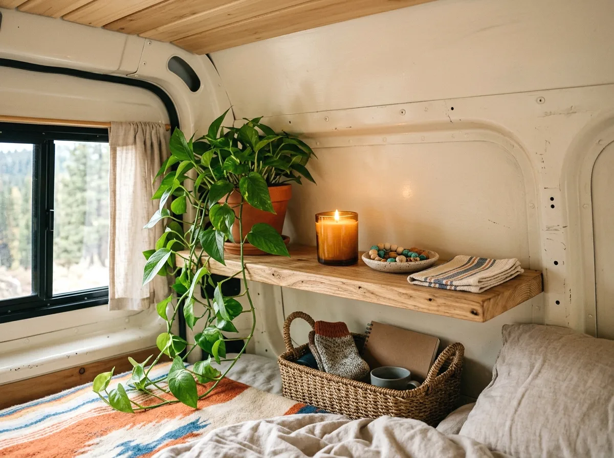built-in wood shelving with trailing plants