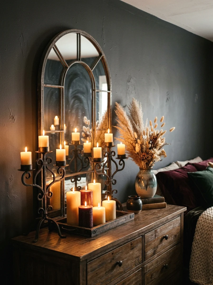candlelit ambiance with wrought iron candelabras