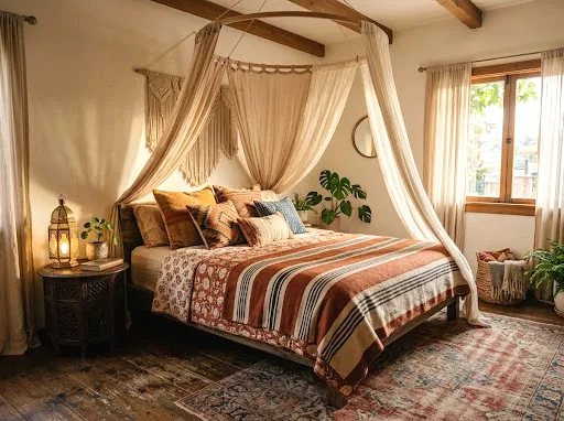canopy bed in warm neutrals with global textiles