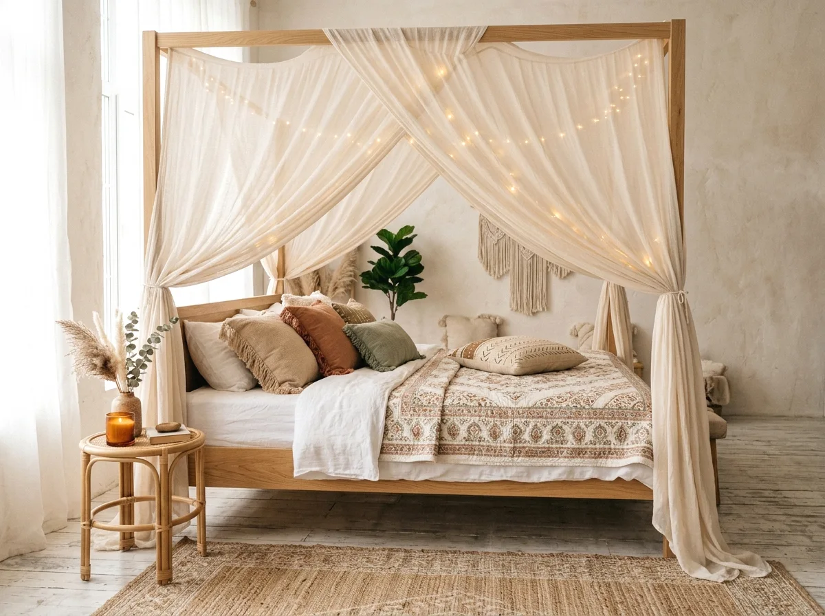 canopy bed with flowing sheer curtains
