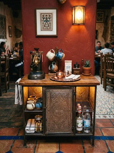 cantina bar cart with tin accents