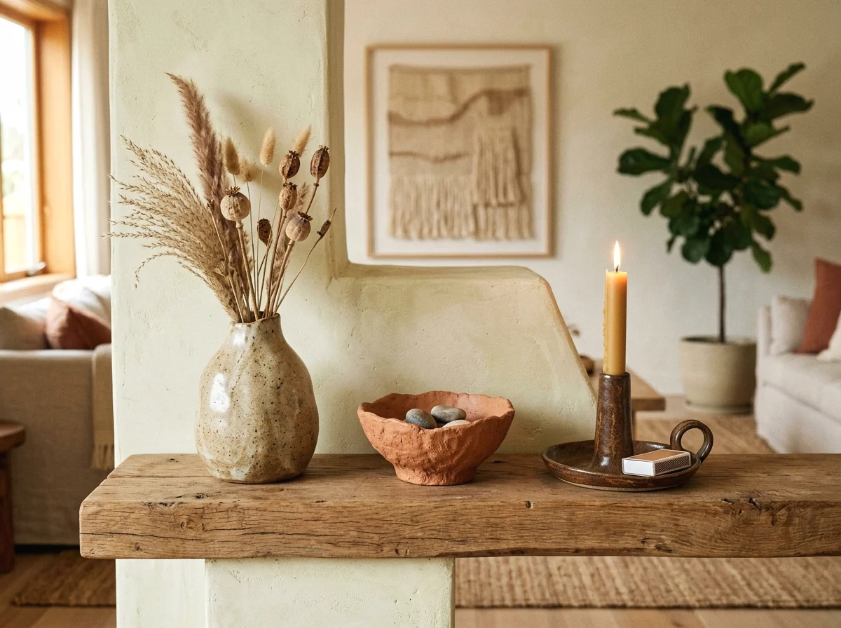 ceramic and clay sculptural accents on the mantel