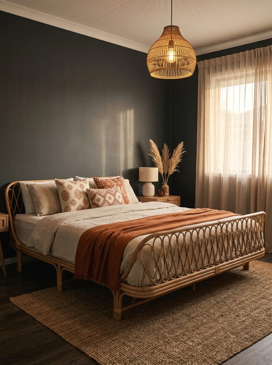 charcoal walls with warm rattan furniture