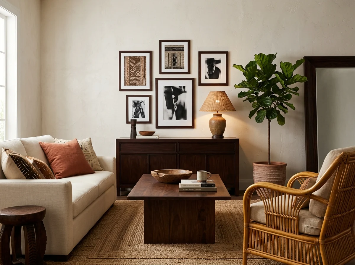 choose dark wood and natural fiber furniture