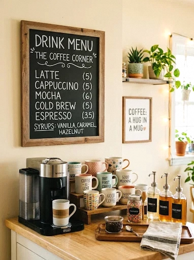coffee bar with chalkboard menu
