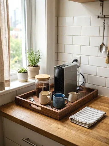 coffee tray on a tiny counter