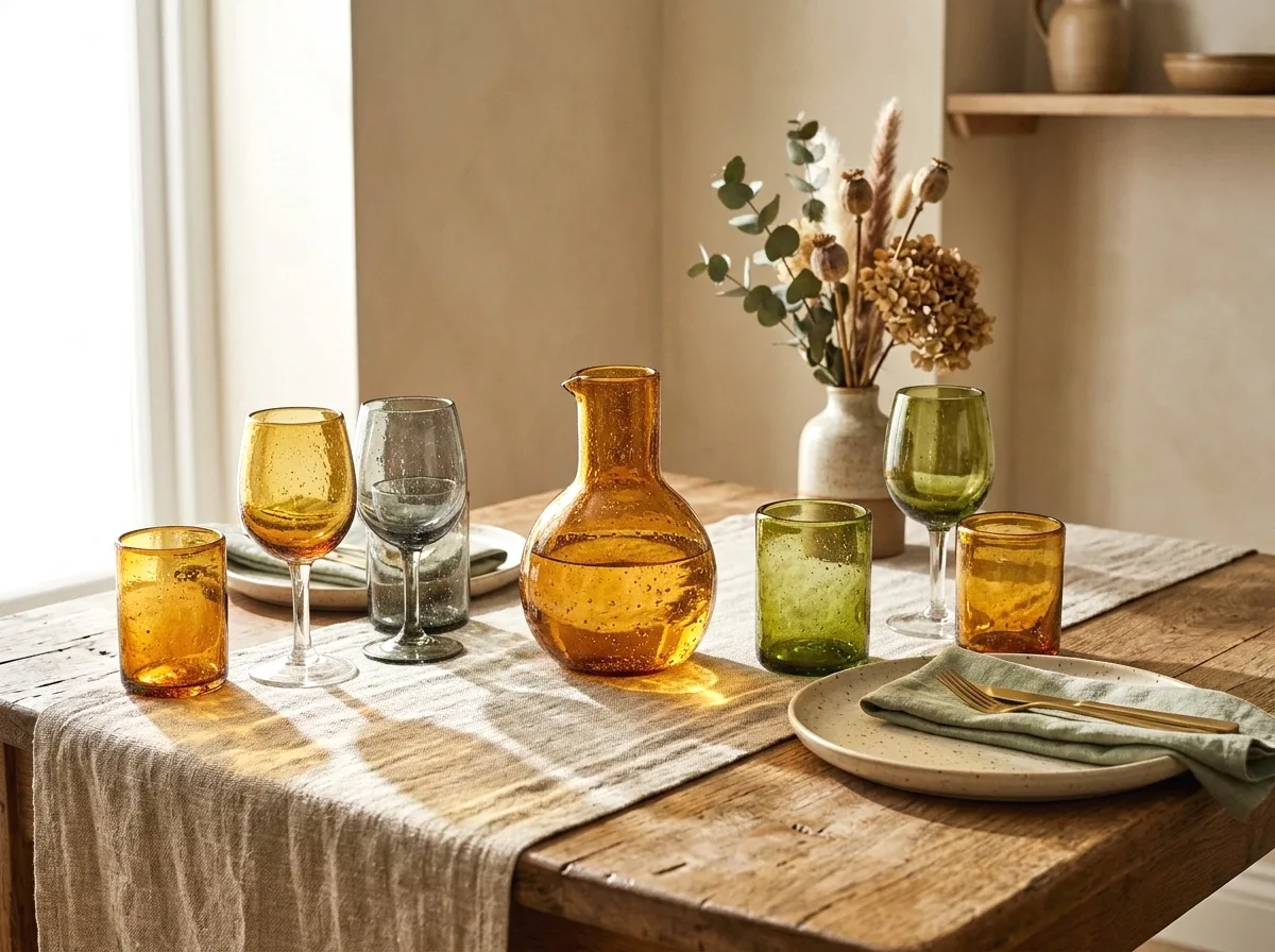 colorful amber and green glassware