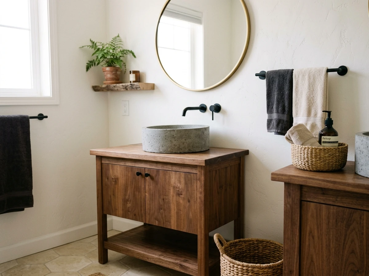 concrete vessel sink with warm wood vanity