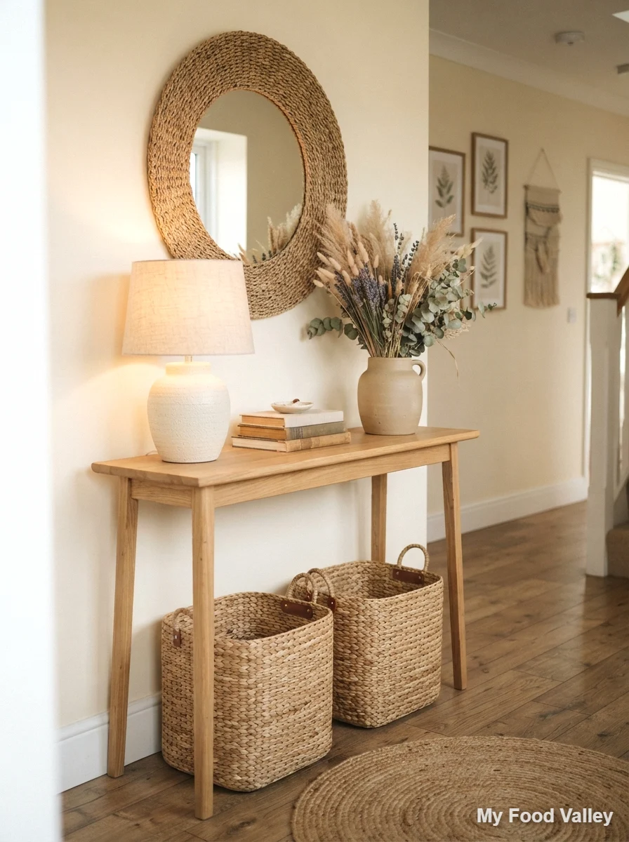 console table with woven baskets and dried florals