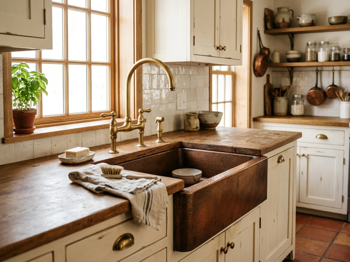 copper farmhouse sink with brass fixtures