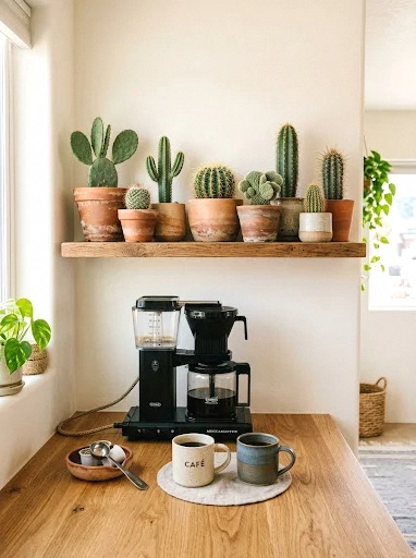 corner coffee station with cactus garden