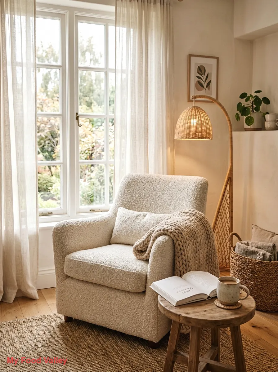 cozy bouclé armchair by the window