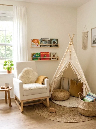 cozy reading nook with a boho canopy