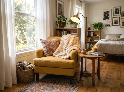 cozy reading nook with a mustard armchair