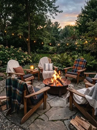 cozy textiles around the fire pit