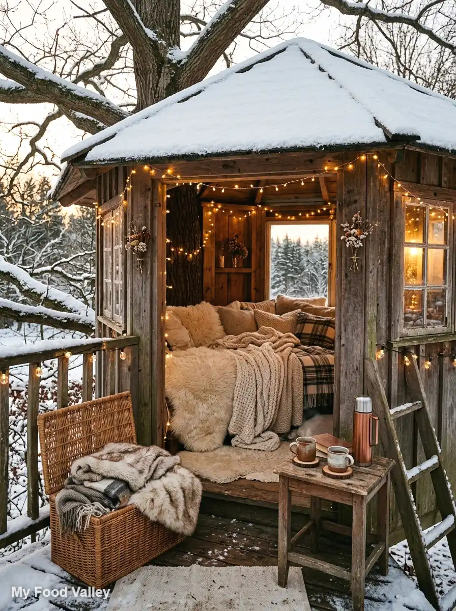 cozy winter treehouse with blankets and faux fur