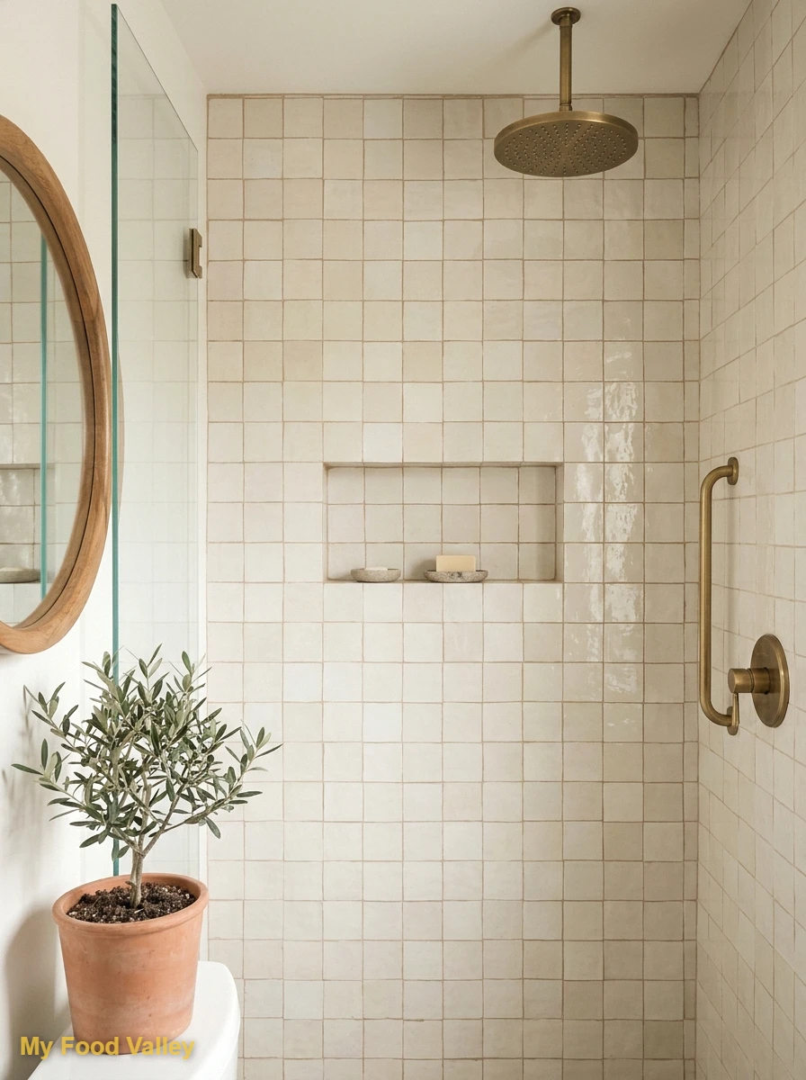 cream zellige with warm brass fixtures