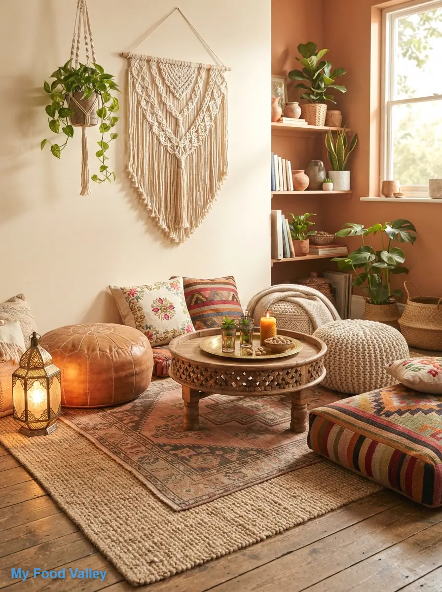 create a cozy floor seating corner with poufs and cushions