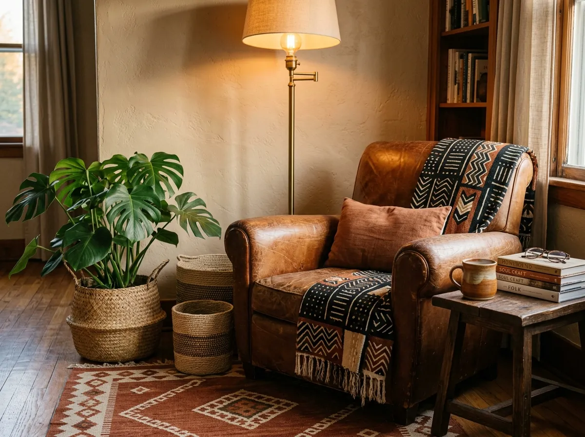 create a cozy reading corner with leather and patterned throws