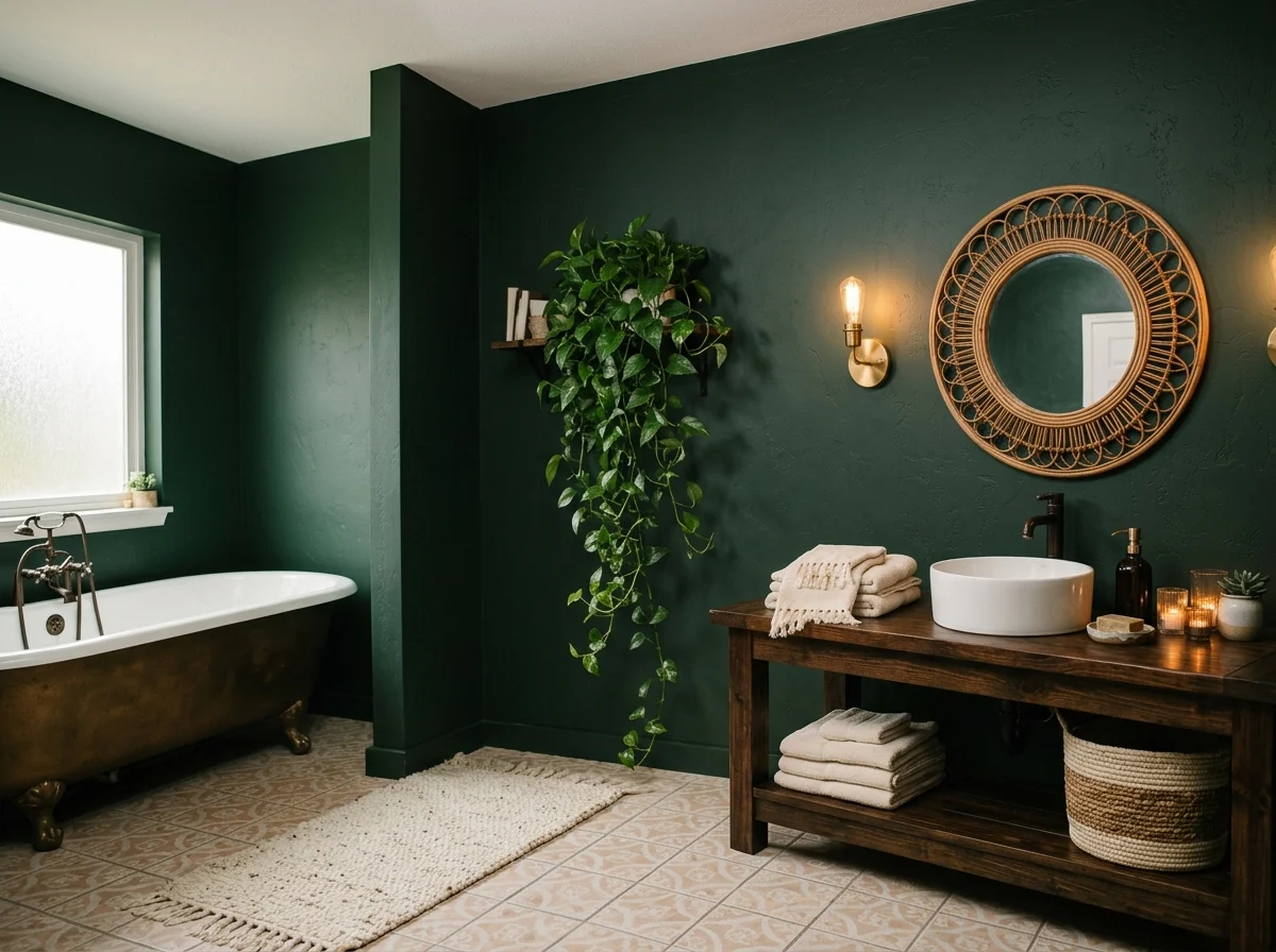 dark and moody boho bathroom