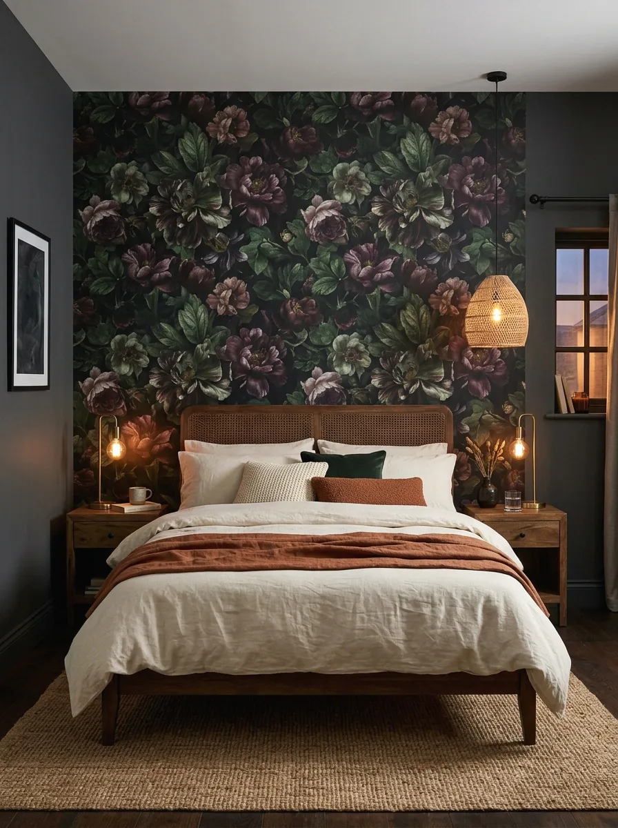 dark floral wallpaper feature wall